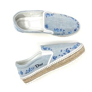 Christian Dior Floral Embroidered Espadrilles Blue Denim Beige White 40.5 10.5